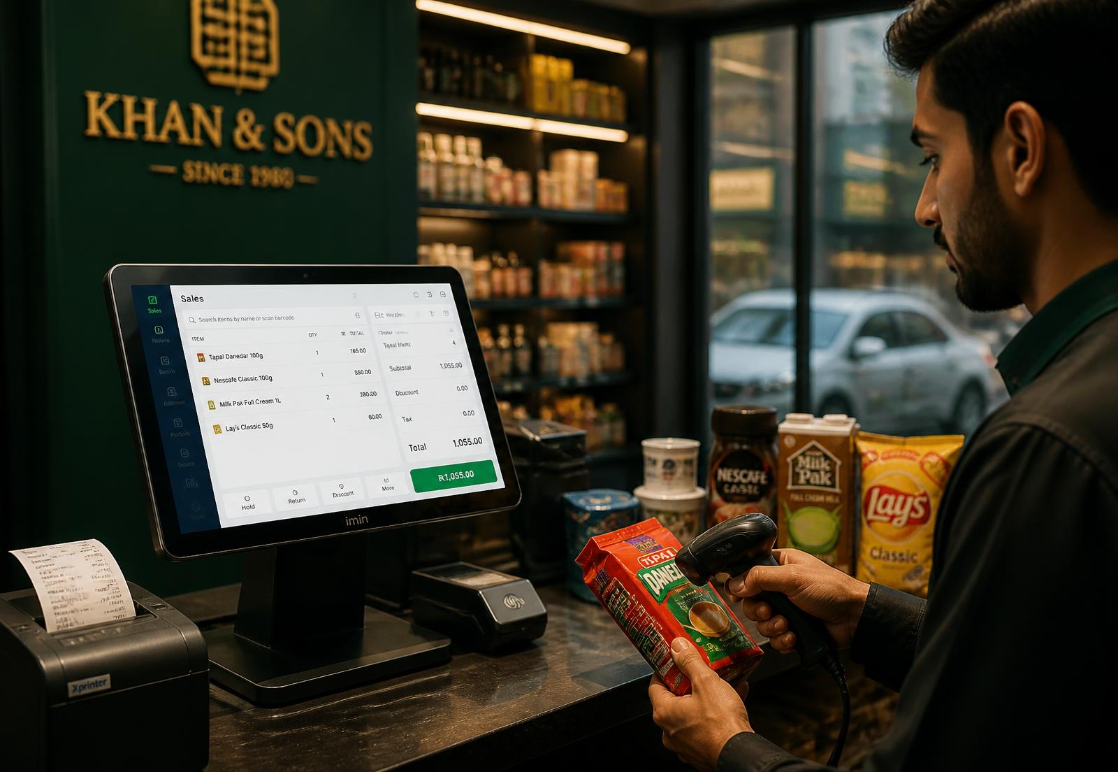 Shopkeeper scanning a product barcode into the VTech POS billing screen