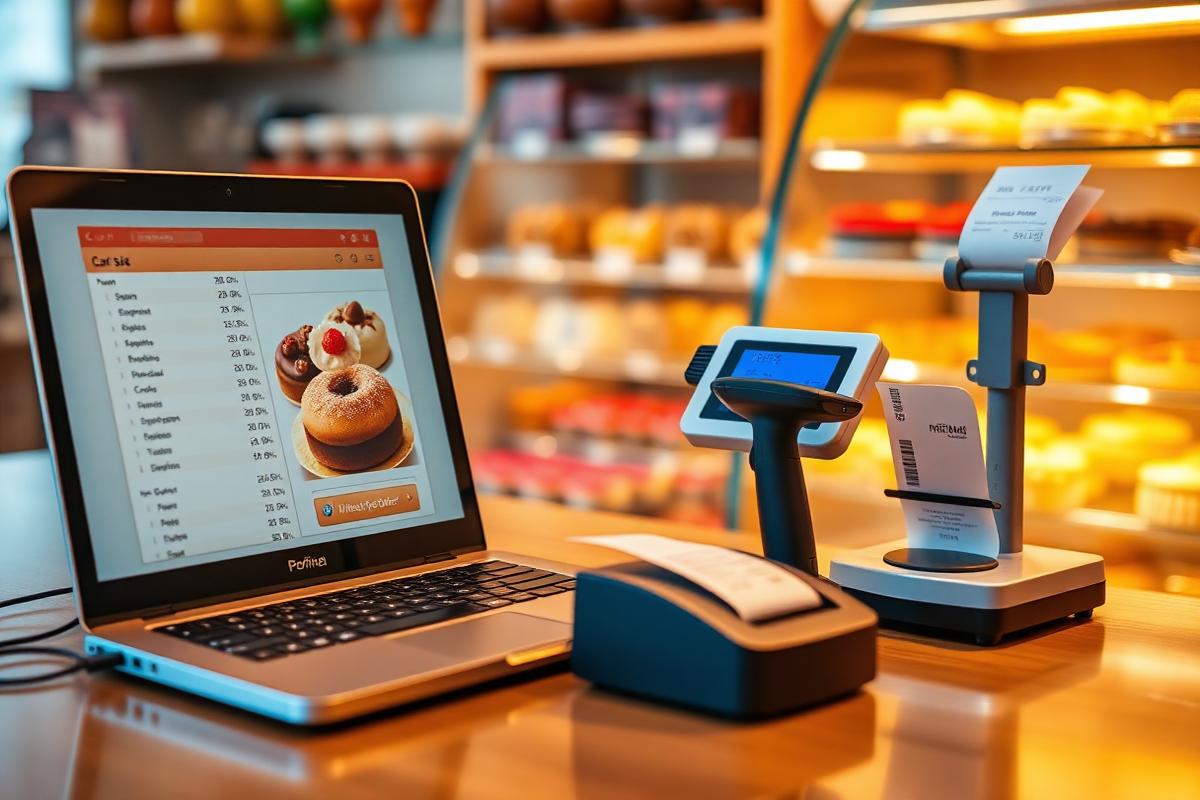 Bakery & Sweets — laptop POS sale screen with cart, barcode scanner and receipt printer