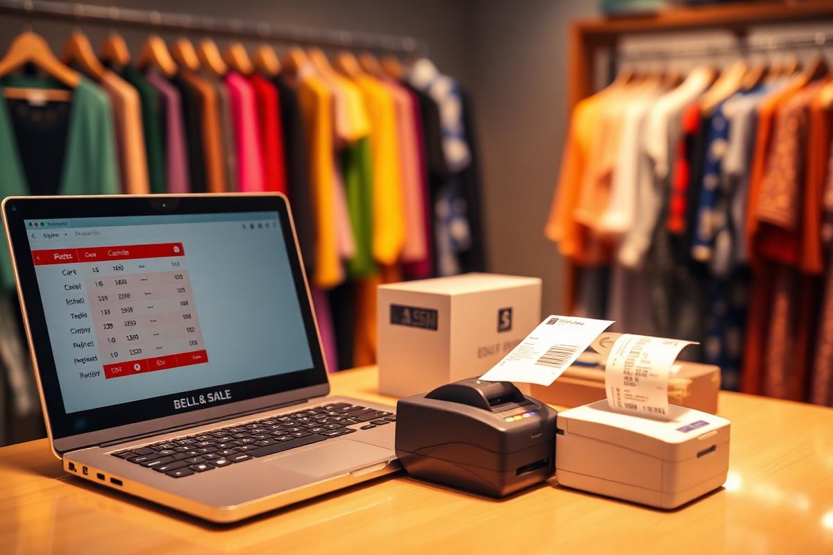 Clothes Store — laptop POS sale screen with cart, barcode scanner and receipt printer