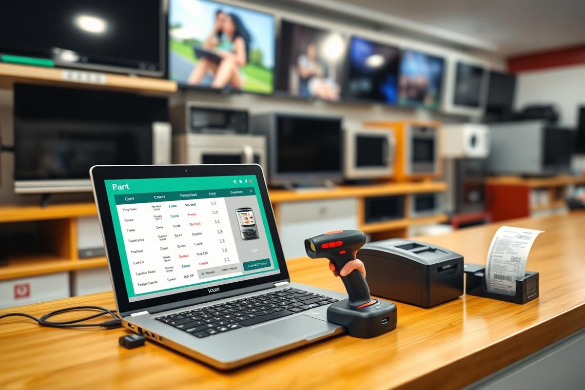 Electronics Shop — laptop POS sale screen with cart, barcode scanner and receipt printer
