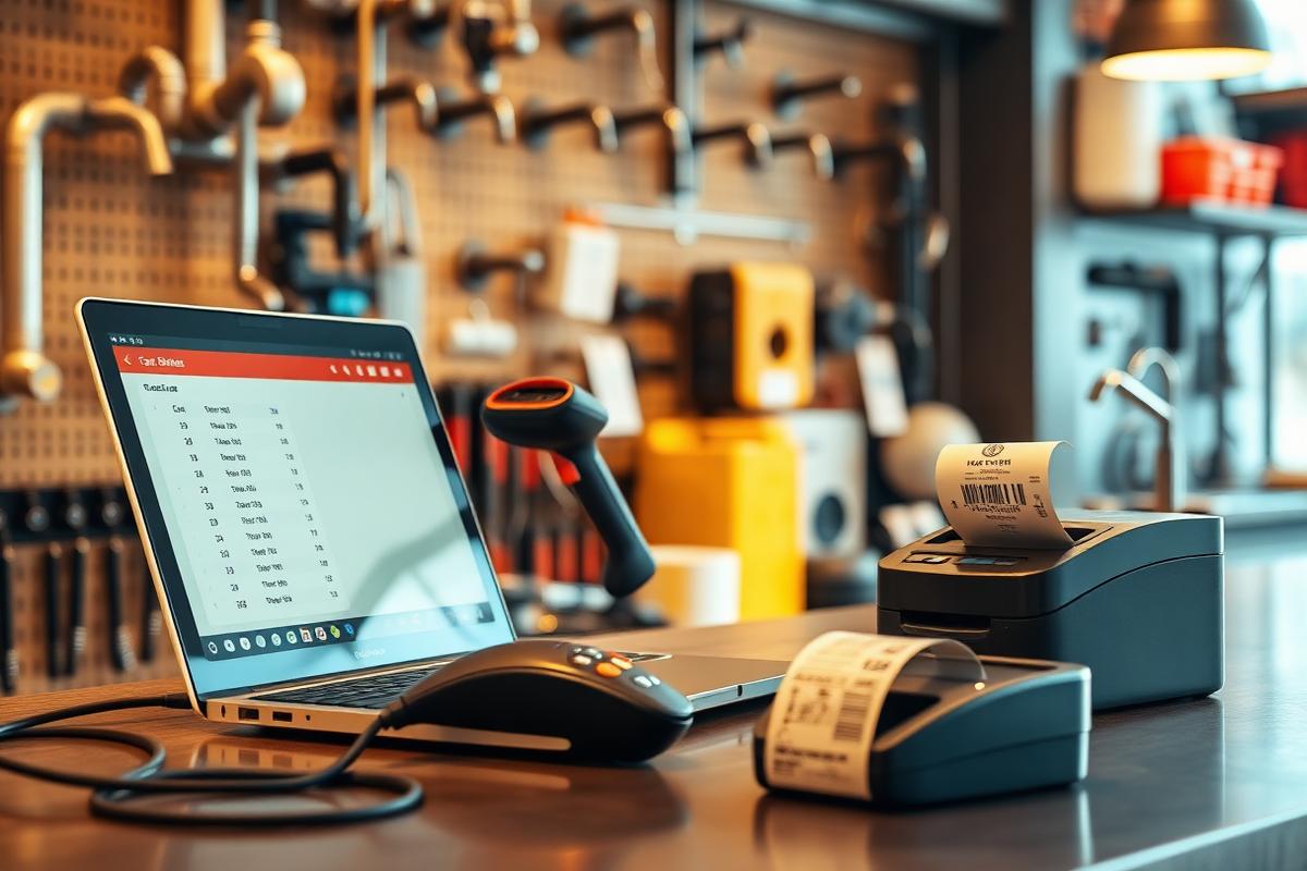 Hardware & Sanitary — laptop POS sale screen with cart, barcode scanner and receipt printer