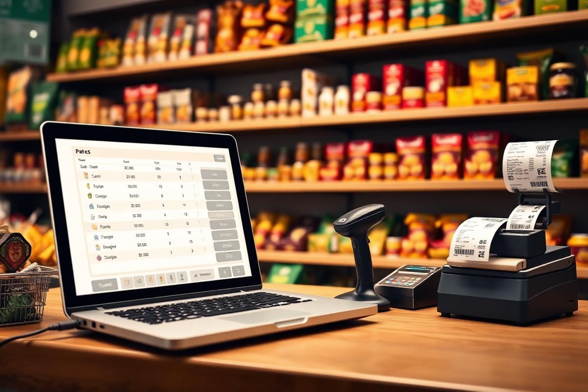 Karyana Store — laptop POS sale screen with cart, barcode scanner and receipt printer