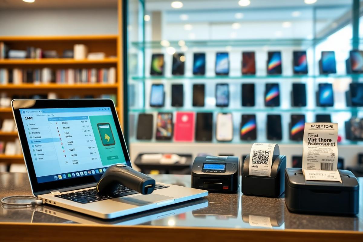 Mobile Shop — laptop POS sale screen with cart, barcode scanner and receipt printer