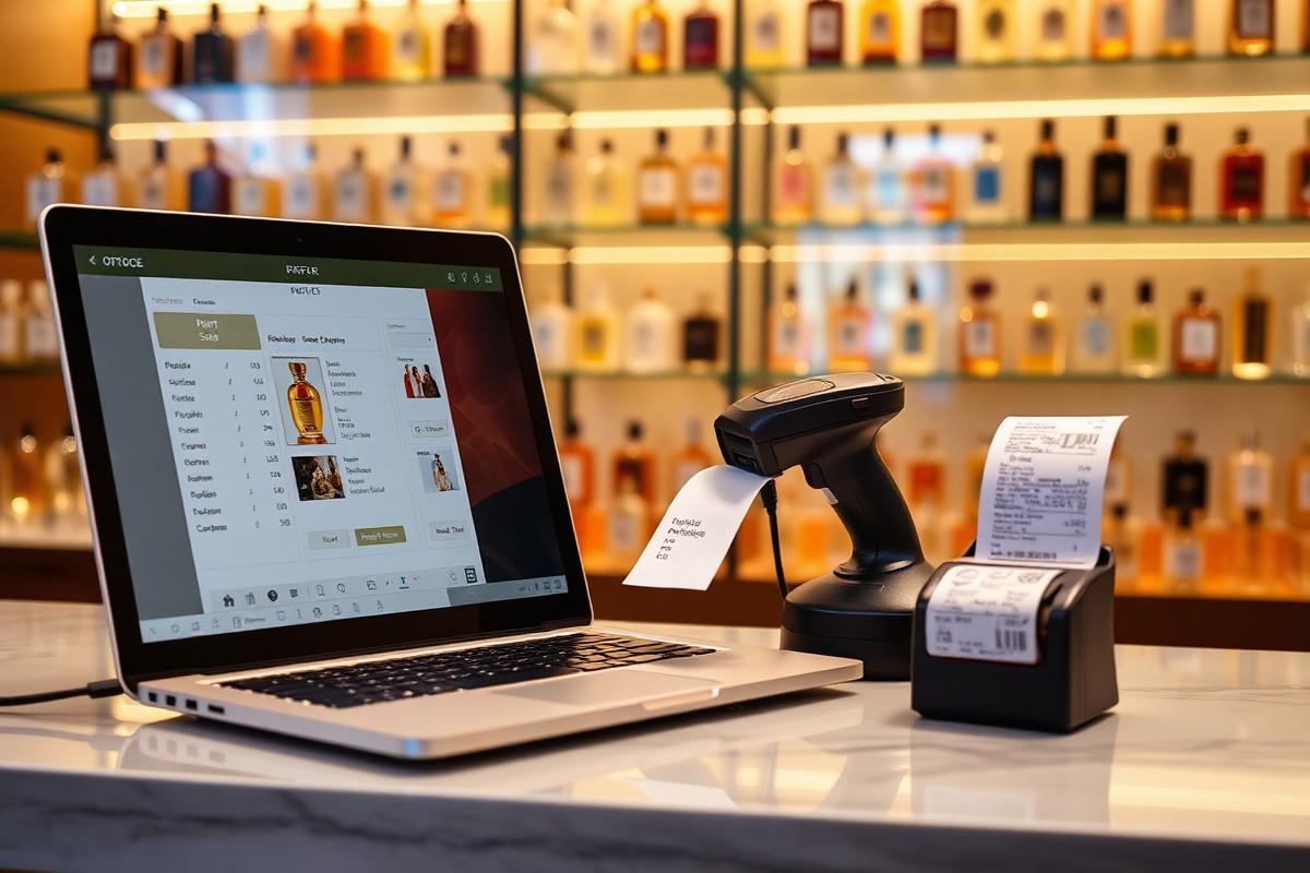 Perfume Shop — laptop POS sale screen with cart, barcode scanner and receipt printer
