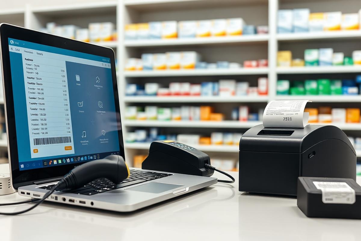 Pharmacy — laptop POS sale screen with cart, barcode scanner and receipt printer