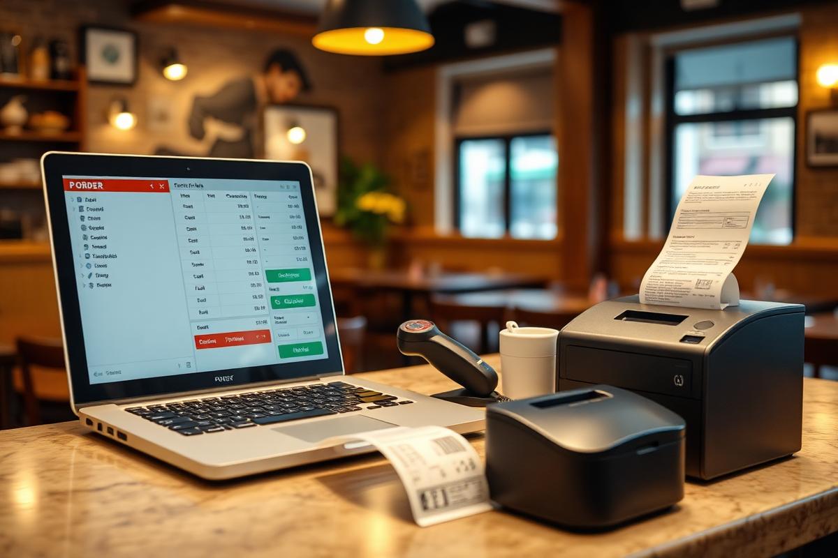 Restaurant & Cafe — laptop POS sale screen with cart, barcode scanner and receipt printer