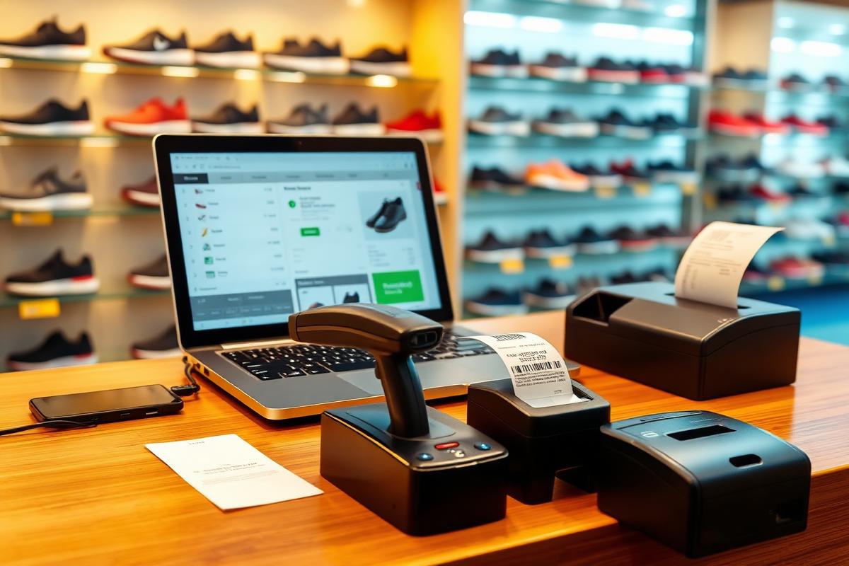 Shoes Shop — laptop POS sale screen with cart, barcode scanner and receipt printer