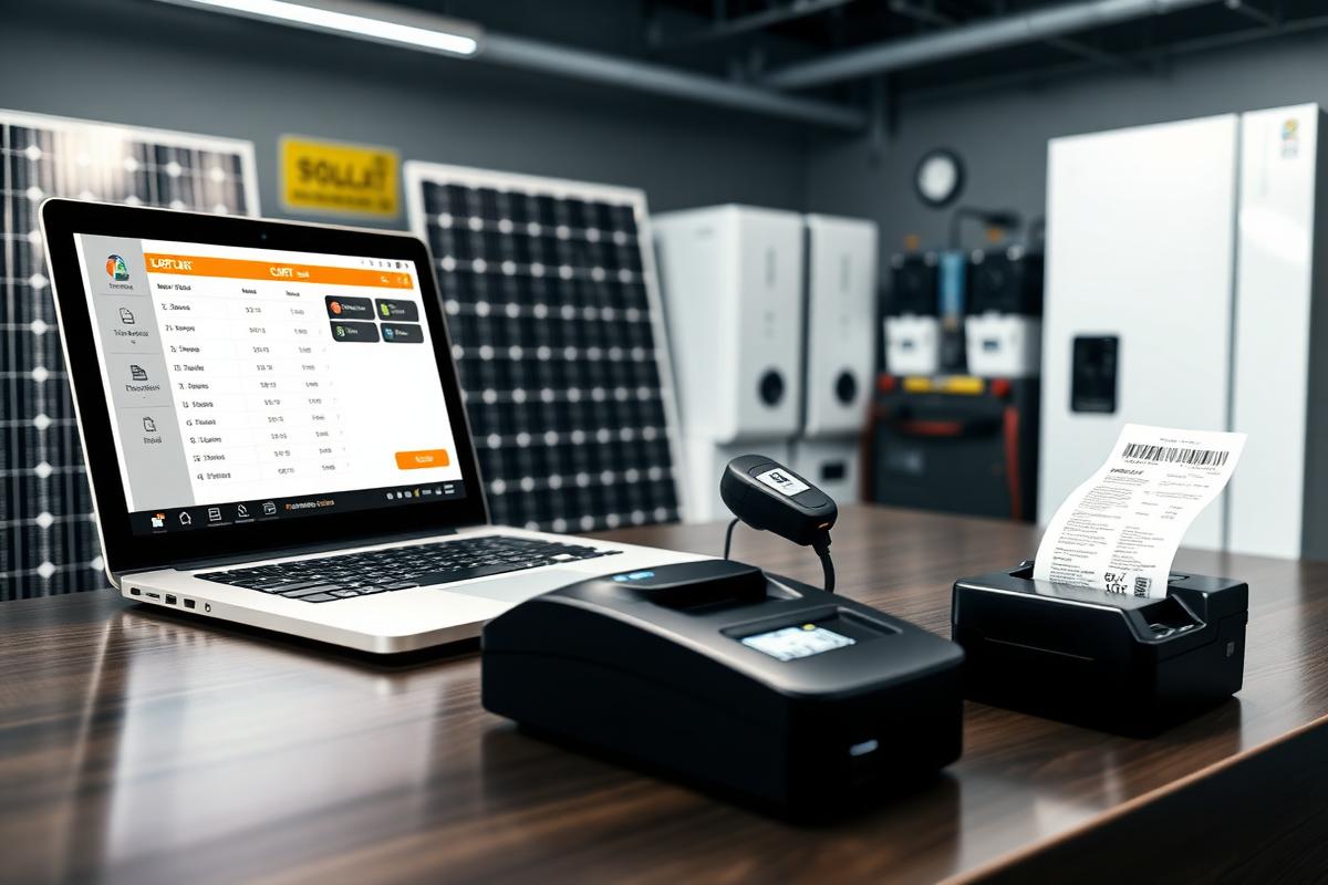 Solar & Inverter Shop — laptop POS sale screen with cart, barcode scanner and receipt printer